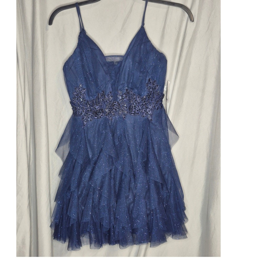 Radiante Couture Navy Blue Glitter Tulle Ruffle Mini Dress JM20779 NWT Size 3
